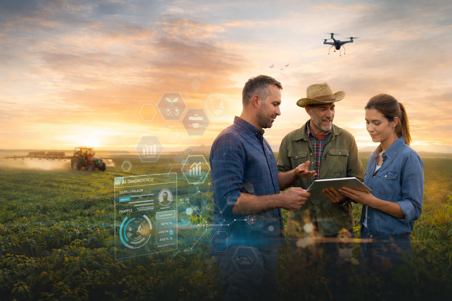 Profissionais do agro analisando informações de desenvolvimento da equipe